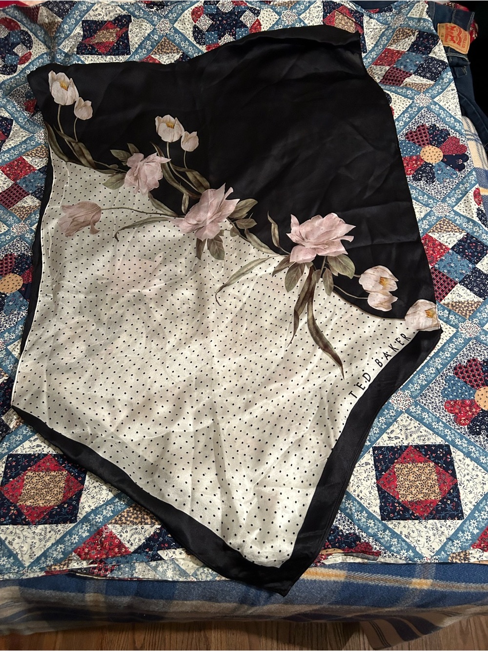 Ted Baker Black and Cream Floral Silk Scarf, 26”x76”